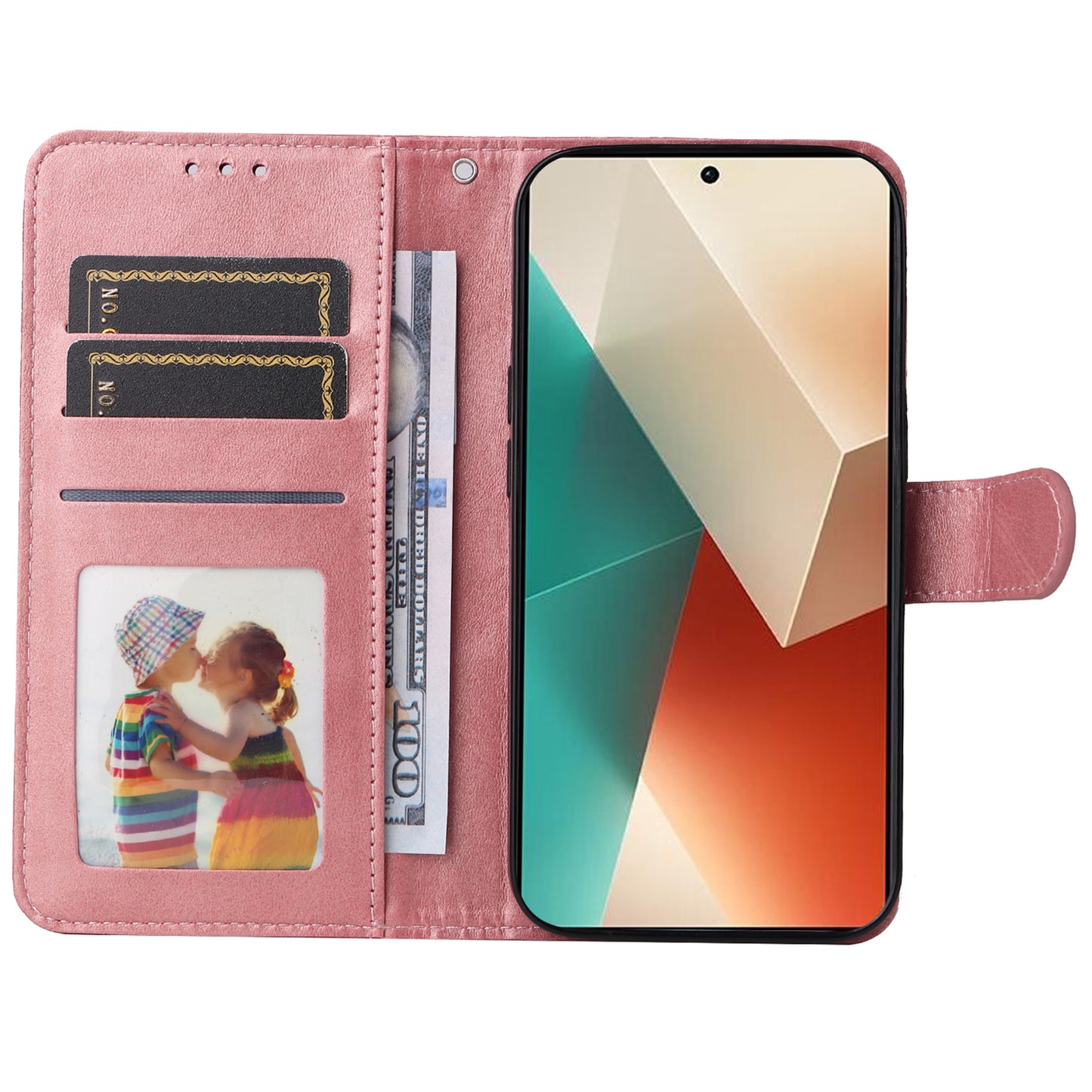 For Xiaomi Redmi Note 13 5G Case Stand Leather Phone Cover Wallet with Strap - Pink