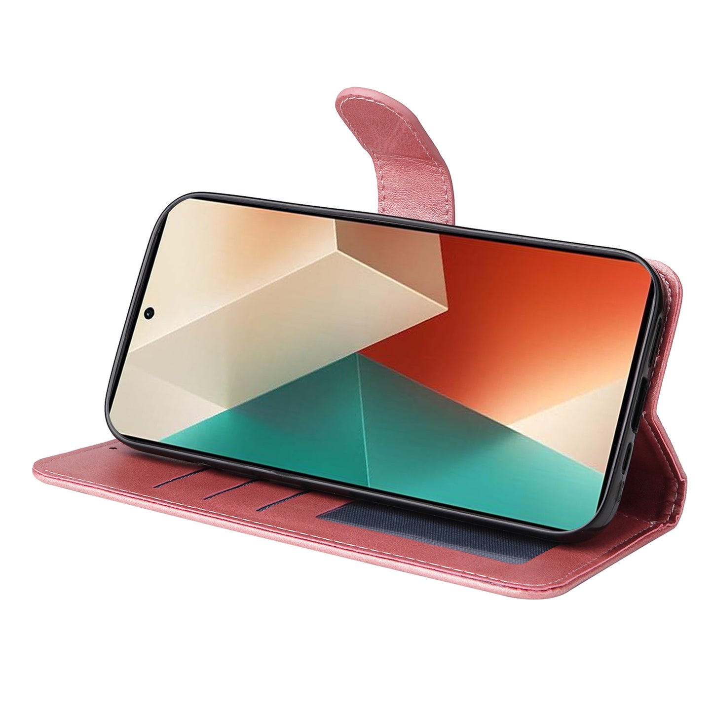 For Xiaomi Redmi Note 13 5G Case Stand Leather Phone Cover Wallet with Strap - Pink