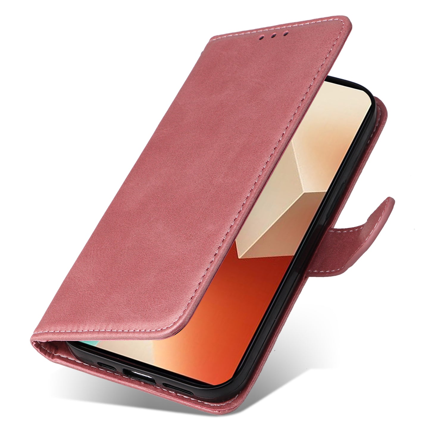 For Xiaomi Redmi Note 13 5G Case Stand Leather Phone Cover Wallet with Strap - Pink