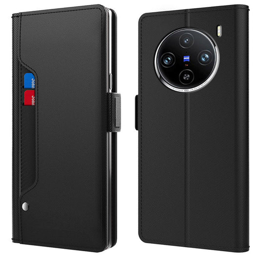 For vivo X100 Pro 5G Cell Phone Cases PU Leather Stand Cover with Mirror - Black