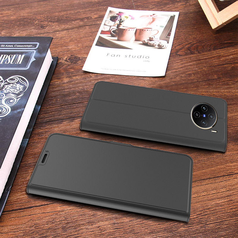 For vivo X100 5G Magnetic Phone Case PU Leather Stand Protective Cover with Card Holder - Black