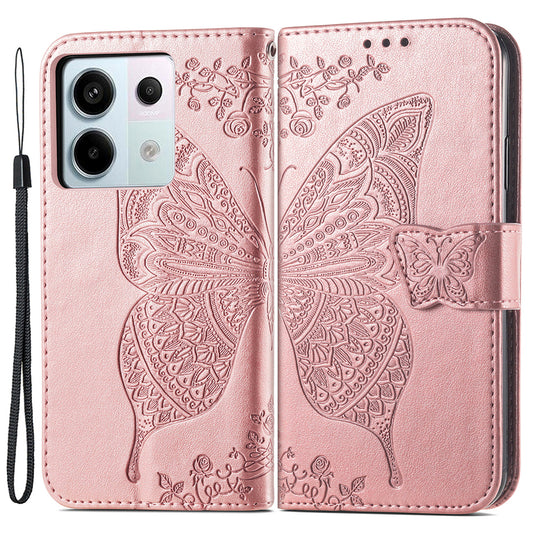 For Xiaomi Redmi Note 13 Pro 5G / Poco X6 5G Case Wallet with Card Holder Butterfly Pattern PU Leather Phone Cover - Rose Gold