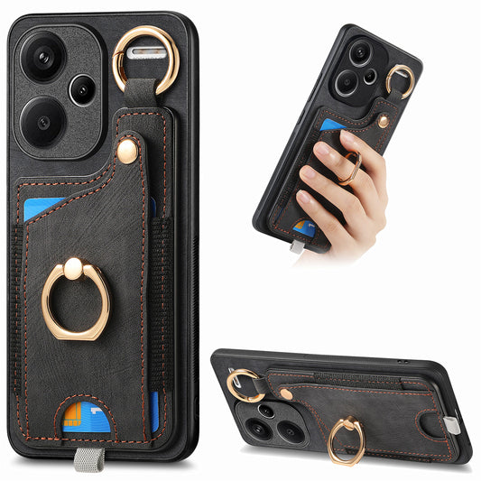For Xiaomi Redmi Note 13 Pro+ 5G Case with Card Holder Retro Leather Back Cover Ring Kickstand - Black