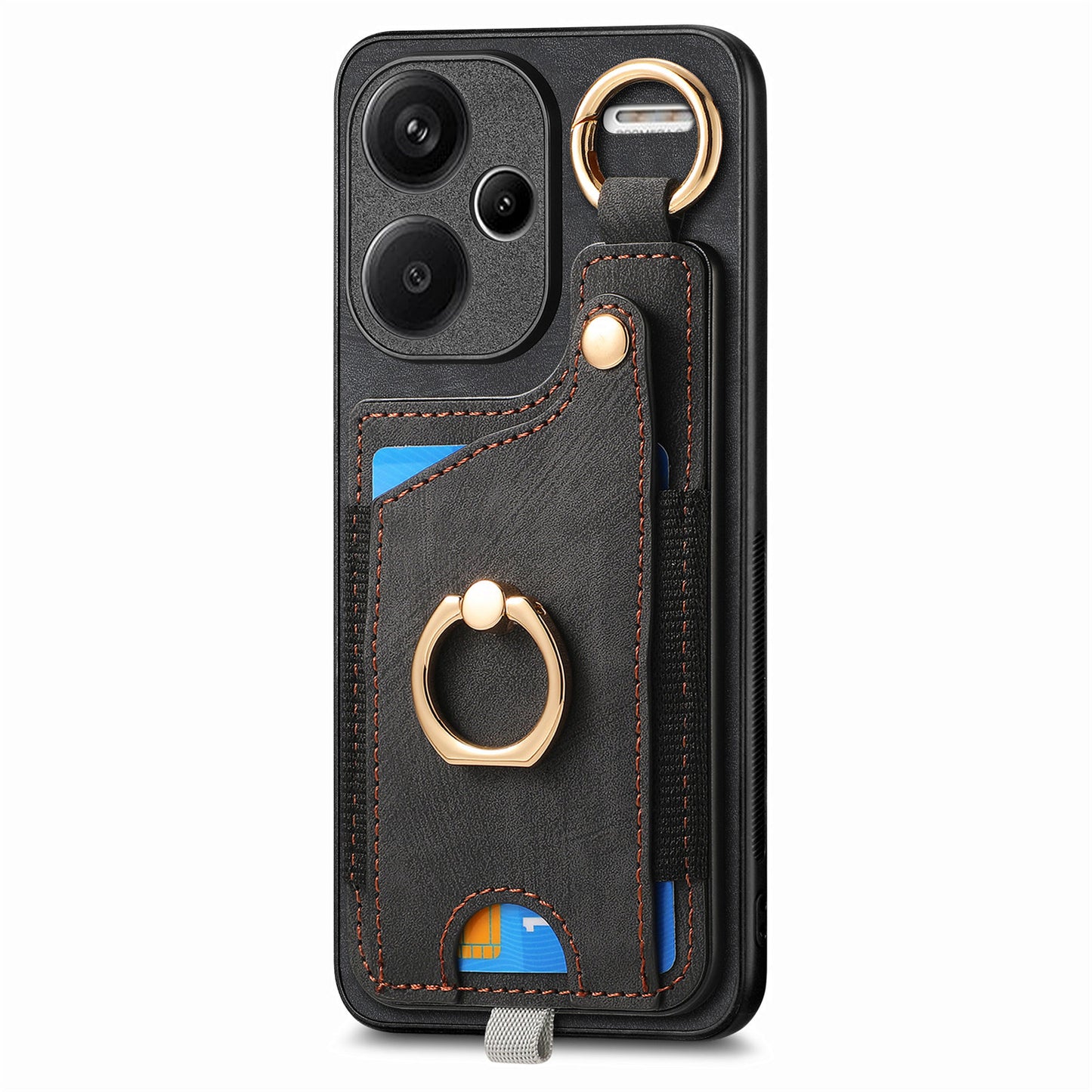 For Xiaomi Redmi Note 13 Pro+ 5G Case with Card Holder Retro Leather Back Cover Ring Kickstand - Black