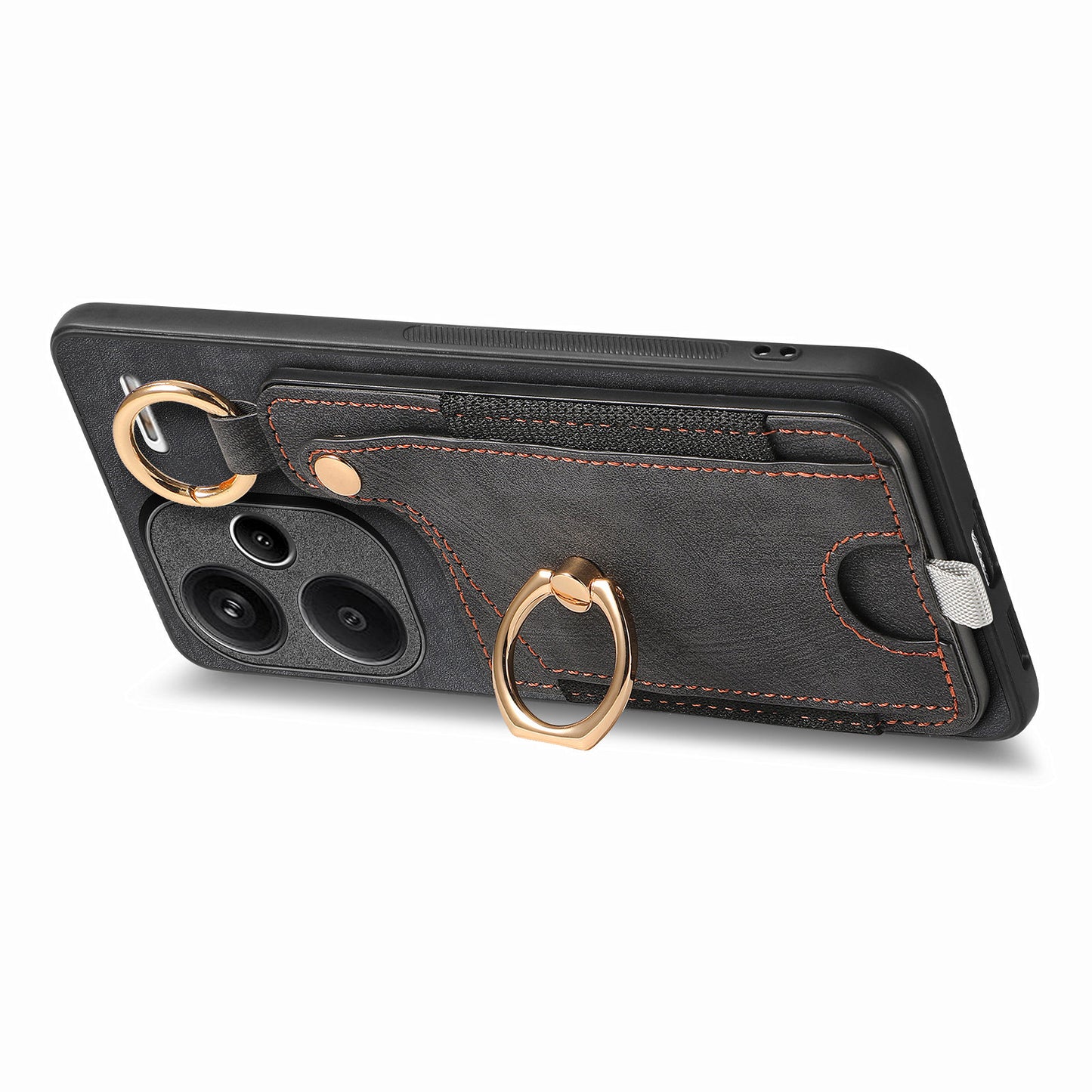 For Xiaomi Redmi Note 13 Pro+ 5G Case with Card Holder Retro Leather Back Cover Ring Kickstand - Black