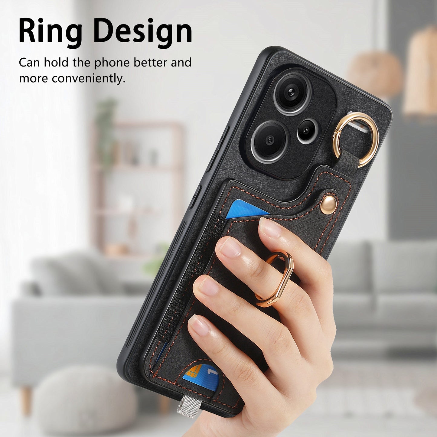 For Xiaomi Redmi Note 13 Pro+ 5G Case with Card Holder Retro Leather Back Cover Ring Kickstand - Black
