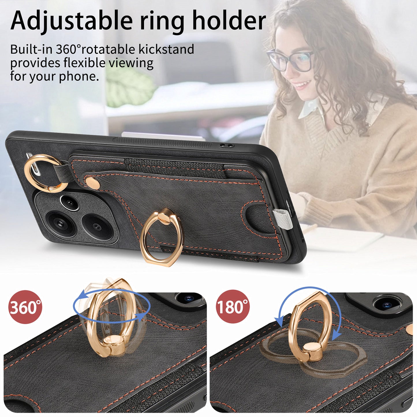 For Xiaomi Redmi Note 13 Pro+ 5G Case with Card Holder Retro Leather Back Cover Ring Kickstand - Black