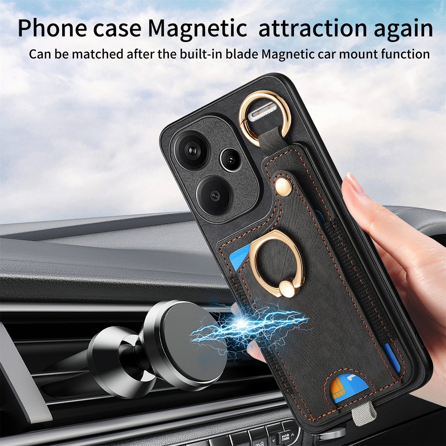 For Xiaomi Redmi Note 13 Pro+ 5G Case with Card Holder Retro Leather Back Cover Ring Kickstand - Black