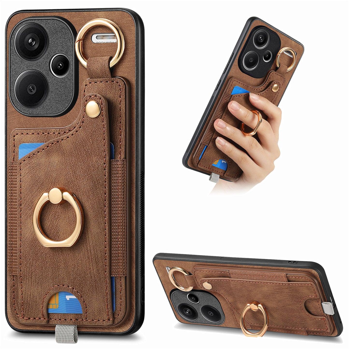 For Xiaomi Redmi Note 13 Pro+ 5G Case with Card Holder Retro Leather Back Cover Ring Kickstand - Brown