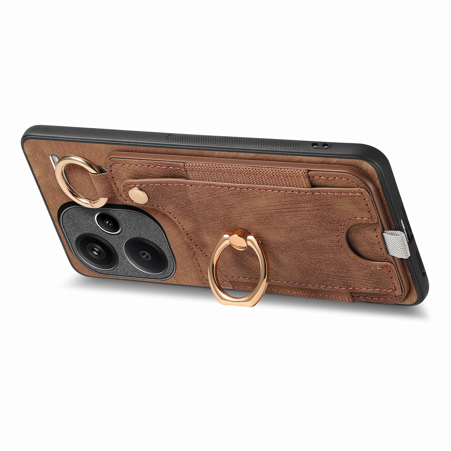 For Xiaomi Redmi Note 13 Pro+ 5G Case with Card Holder Retro Leather Back Cover Ring Kickstand - Brown