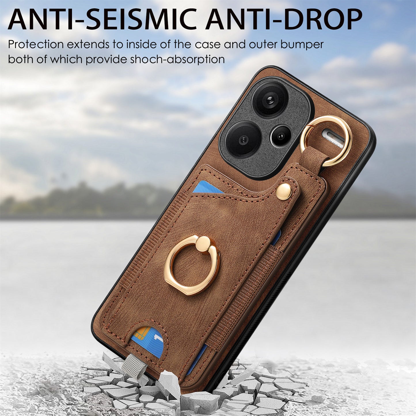 For Xiaomi Redmi Note 13 Pro+ 5G Case with Card Holder Retro Leather Back Cover Ring Kickstand - Brown