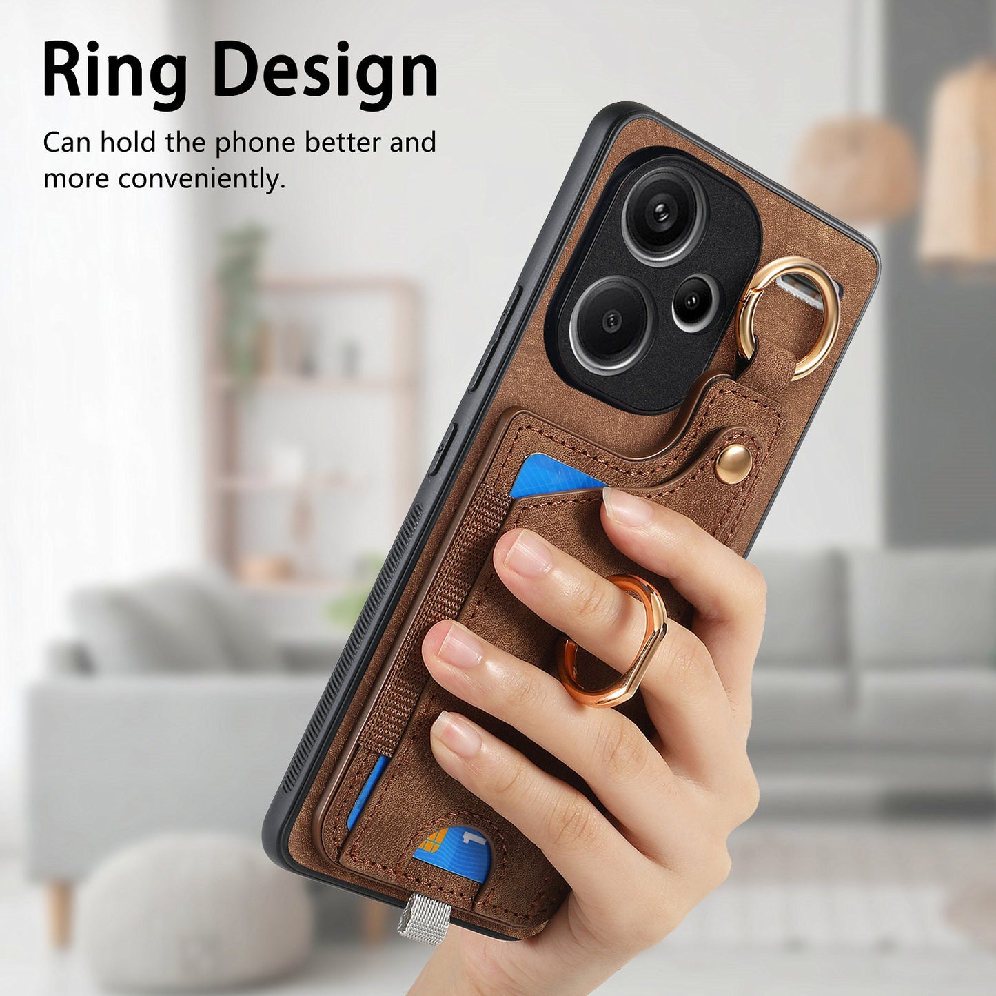 For Xiaomi Redmi Note 13 Pro+ 5G Case with Card Holder Retro Leather Back Cover Ring Kickstand - Brown