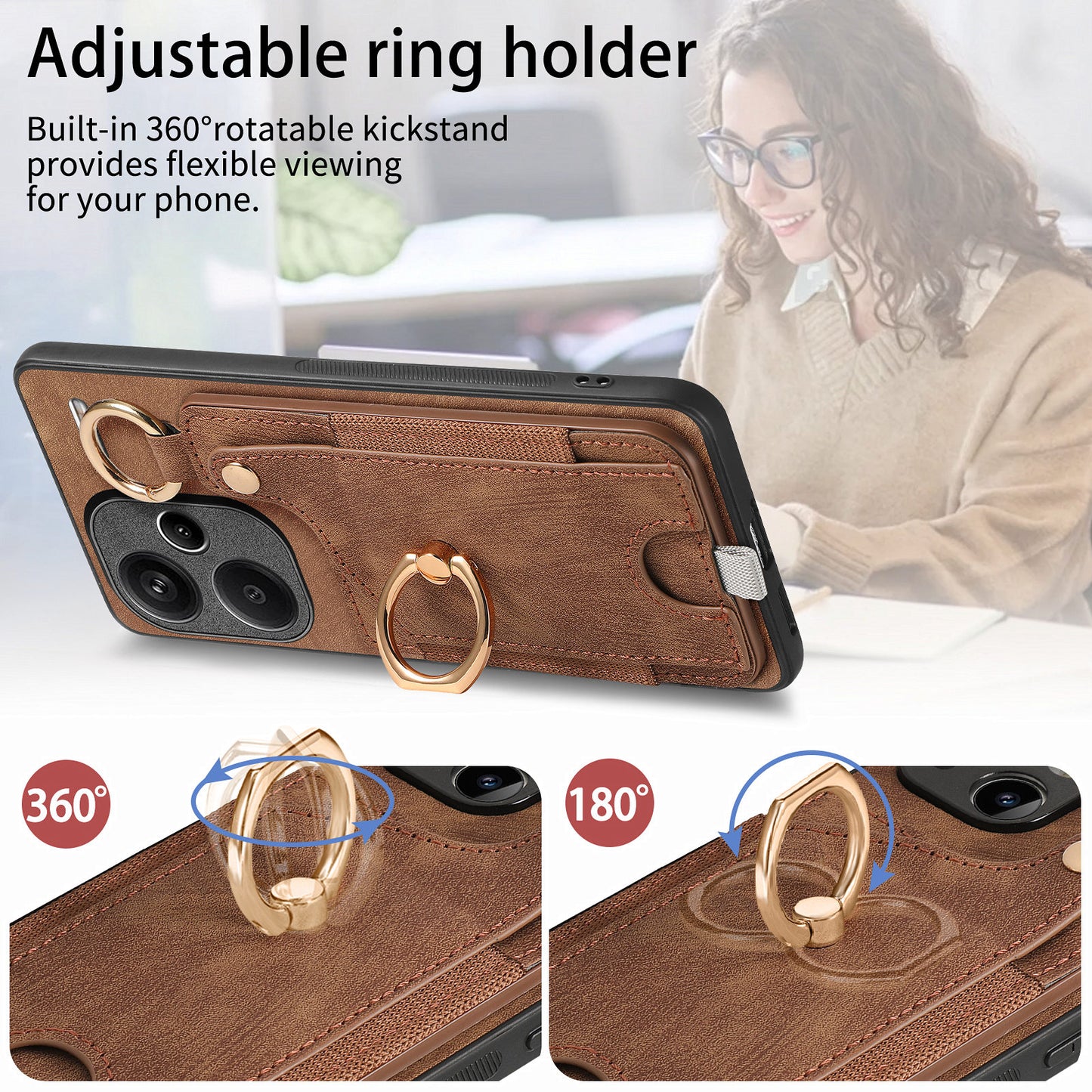 For Xiaomi Redmi Note 13 Pro+ 5G Case with Card Holder Retro Leather Back Cover Ring Kickstand - Brown