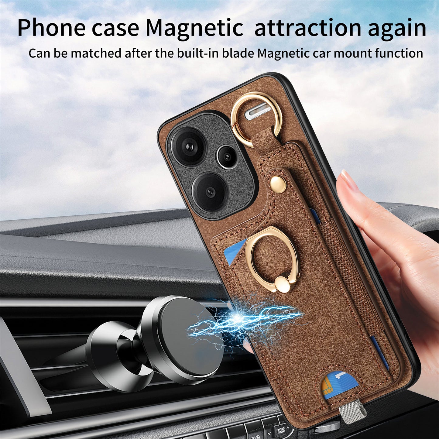 For Xiaomi Redmi Note 13 Pro+ 5G Case with Card Holder Retro Leather Back Cover Ring Kickstand - Brown