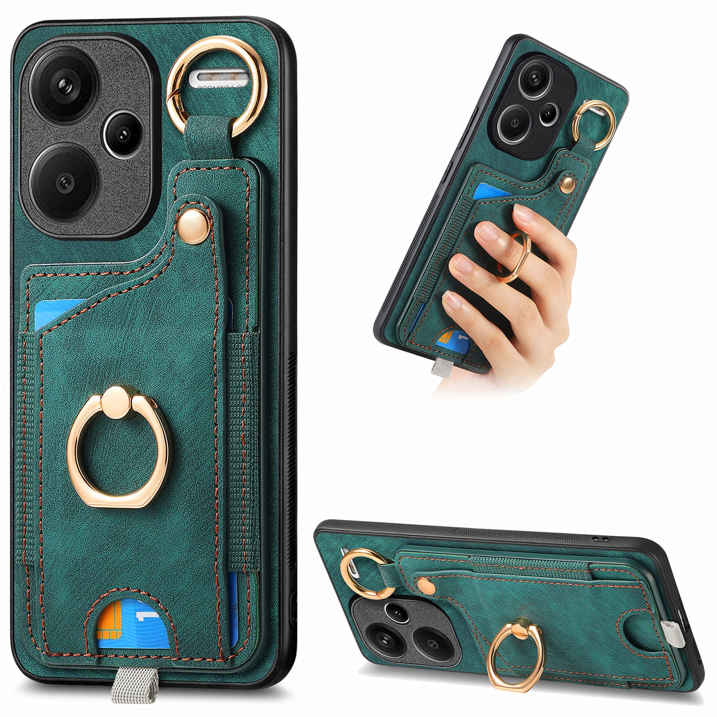 For Xiaomi Redmi Note 13 Pro+ 5G Case with Card Holder Retro Leather Back Cover Ring Kickstand - Green