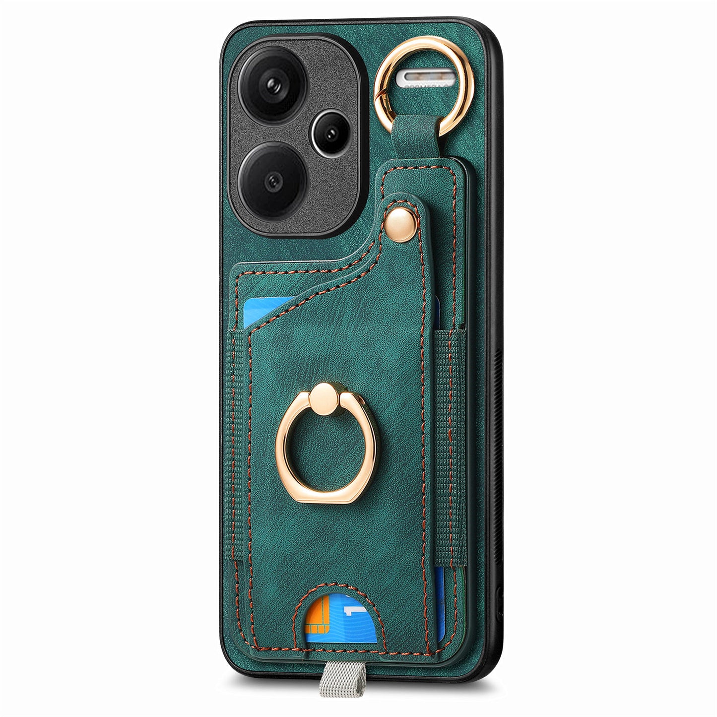 For Xiaomi Redmi Note 13 Pro+ 5G Case with Card Holder Retro Leather Back Cover Ring Kickstand - Green
