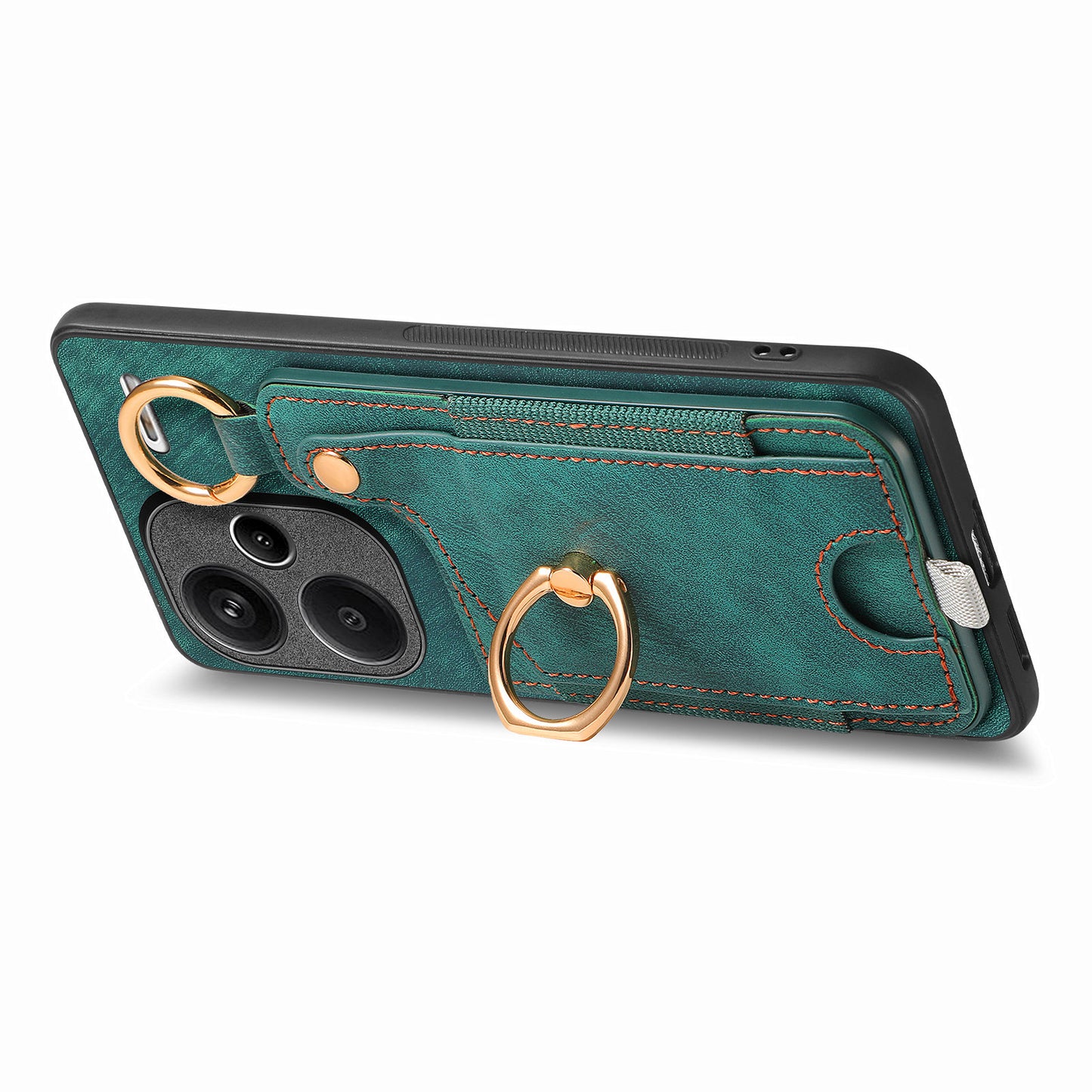 For Xiaomi Redmi Note 13 Pro+ 5G Case with Card Holder Retro Leather Back Cover Ring Kickstand - Green