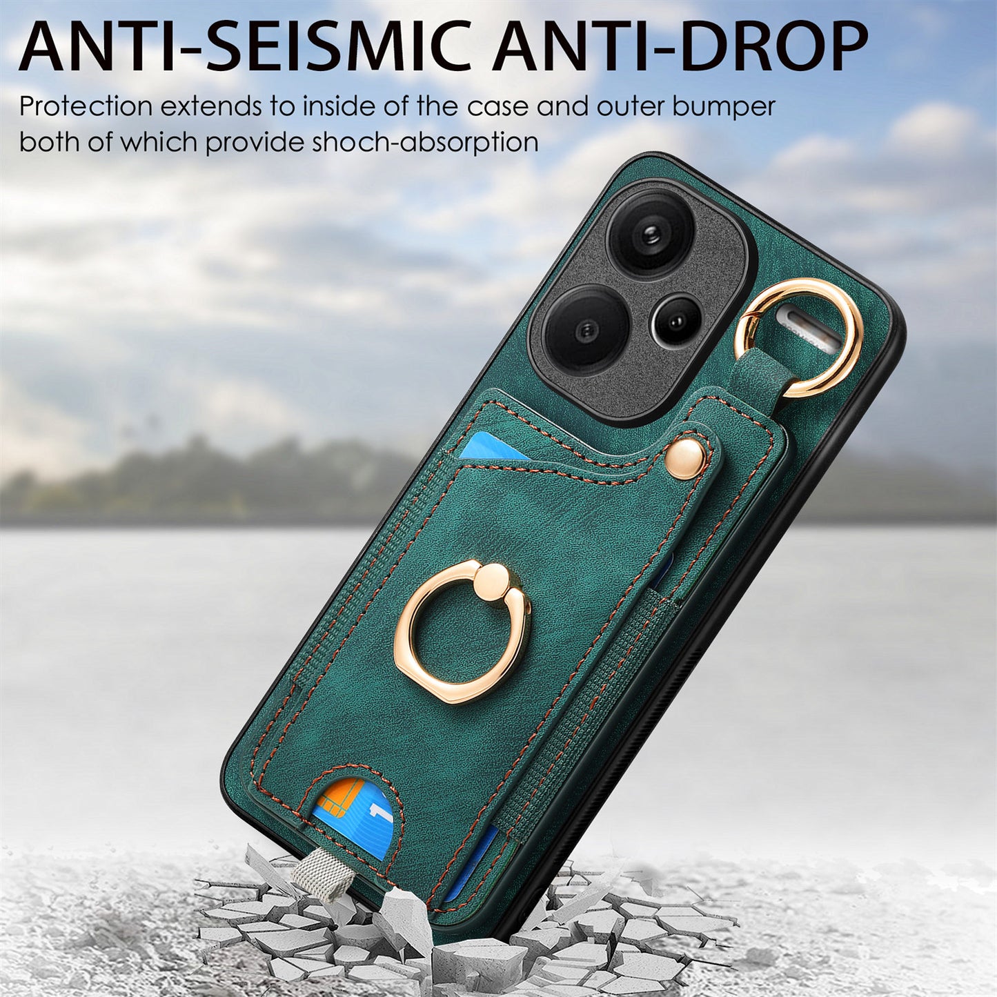 For Xiaomi Redmi Note 13 Pro+ 5G Case with Card Holder Retro Leather Back Cover Ring Kickstand - Green