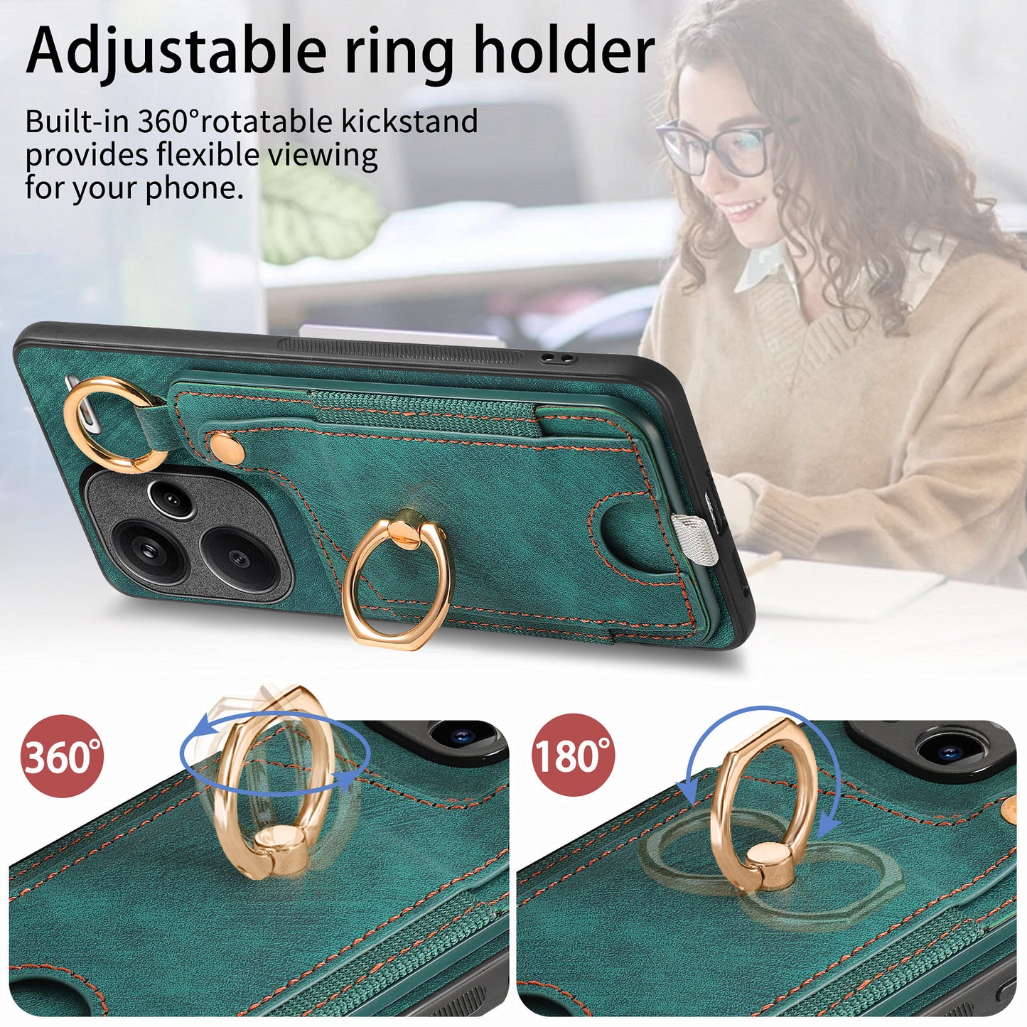 For Xiaomi Redmi Note 13 Pro+ 5G Case with Card Holder Retro Leather Back Cover Ring Kickstand - Green