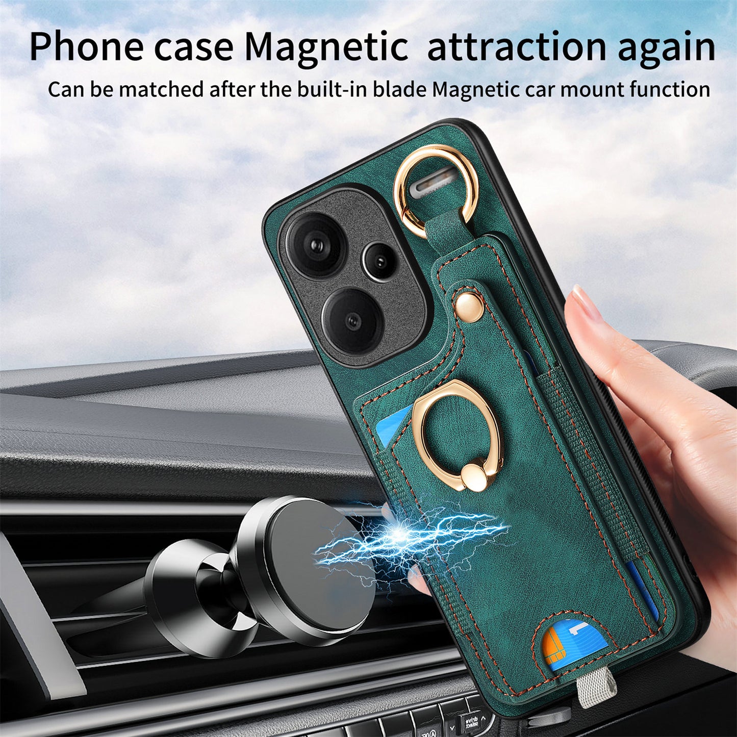 For Xiaomi Redmi Note 13 Pro+ 5G Case with Card Holder Retro Leather Back Cover Ring Kickstand - Green