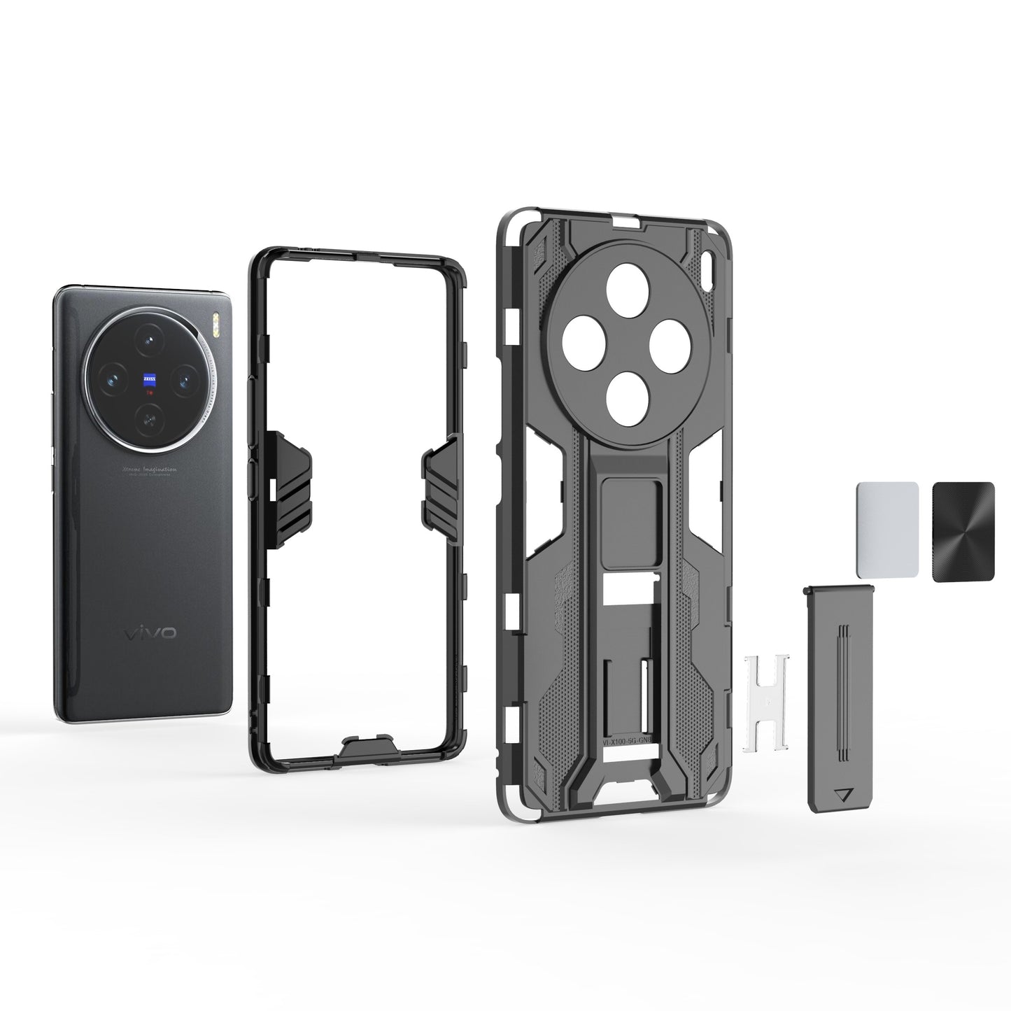 For vivo X100 5G Kickstand Cell Phone Cover Shockproof Protective Case - Silver