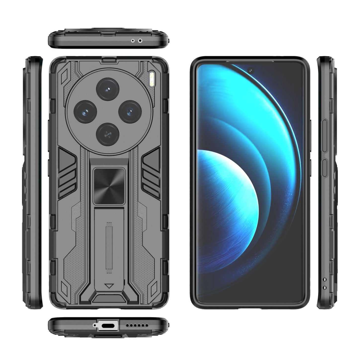 For vivo X100 5G Kickstand Cell Phone Cover Shockproof Protective Case - Black