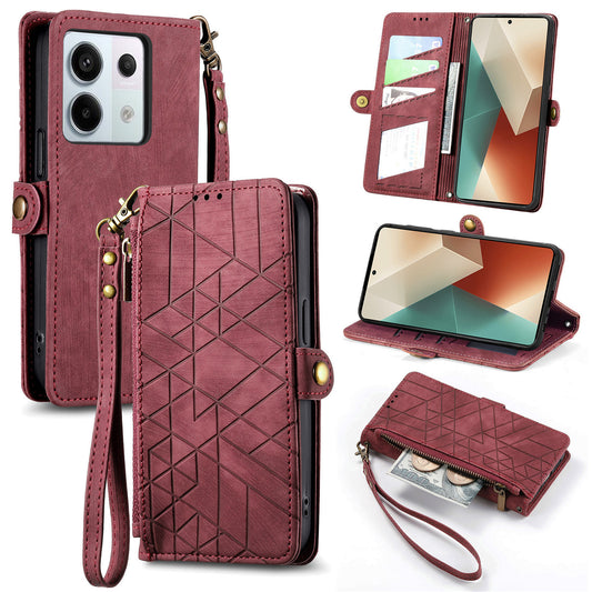 For Xiaomi Redmi Note 13 Pro 5G / Poco X6 5G Case Geometry Pattern PU Leather Phone Wallet Stand Cover - Red