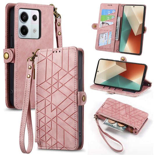 For Xiaomi Redmi Note 13 Pro 5G / Poco X6 5G Case Geometry Pattern PU Leather Phone Wallet Stand Cover - Pink