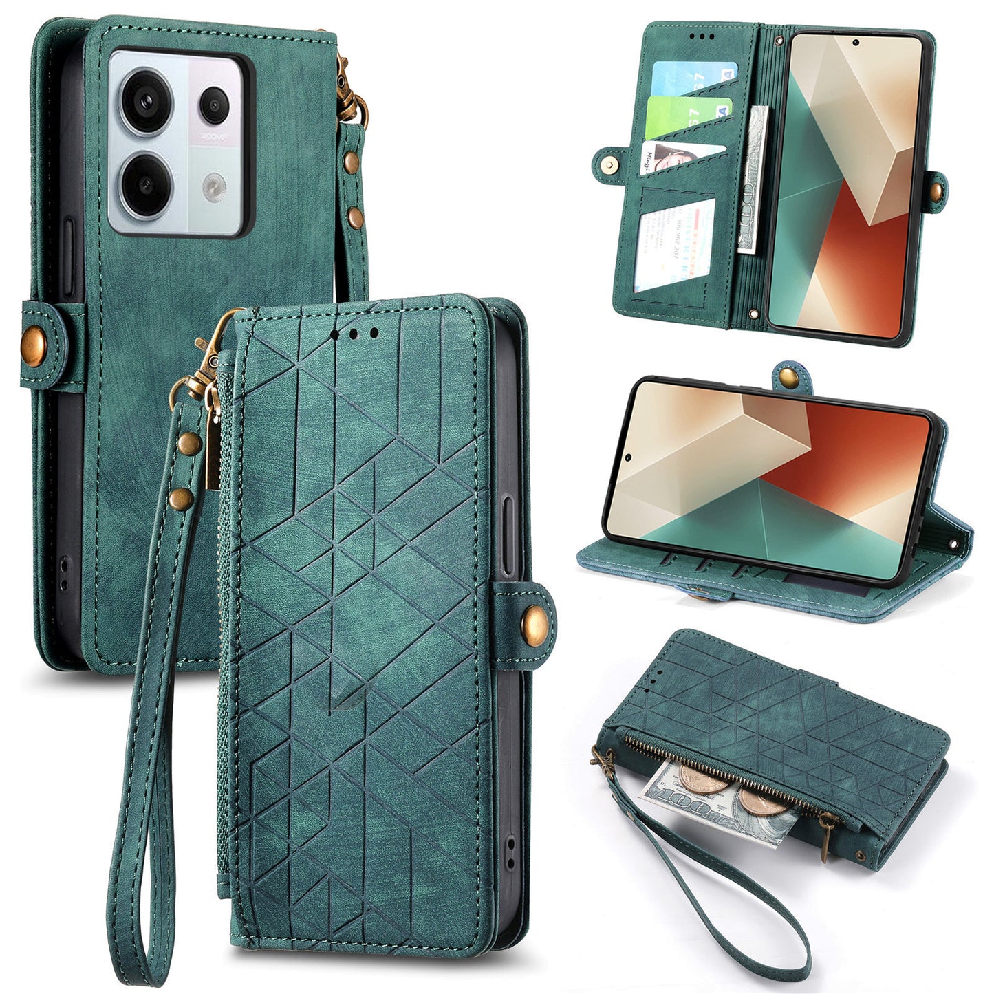 For Xiaomi Redmi Note 13 Pro 5G / Poco X6 5G Case Geometry Pattern PU Leather Phone Wallet Stand Cover - Green