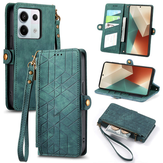 For Xiaomi Redmi Note 13 Pro 5G / Poco X6 5G Case Geometry Pattern PU Leather Phone Wallet Stand Cover - Green