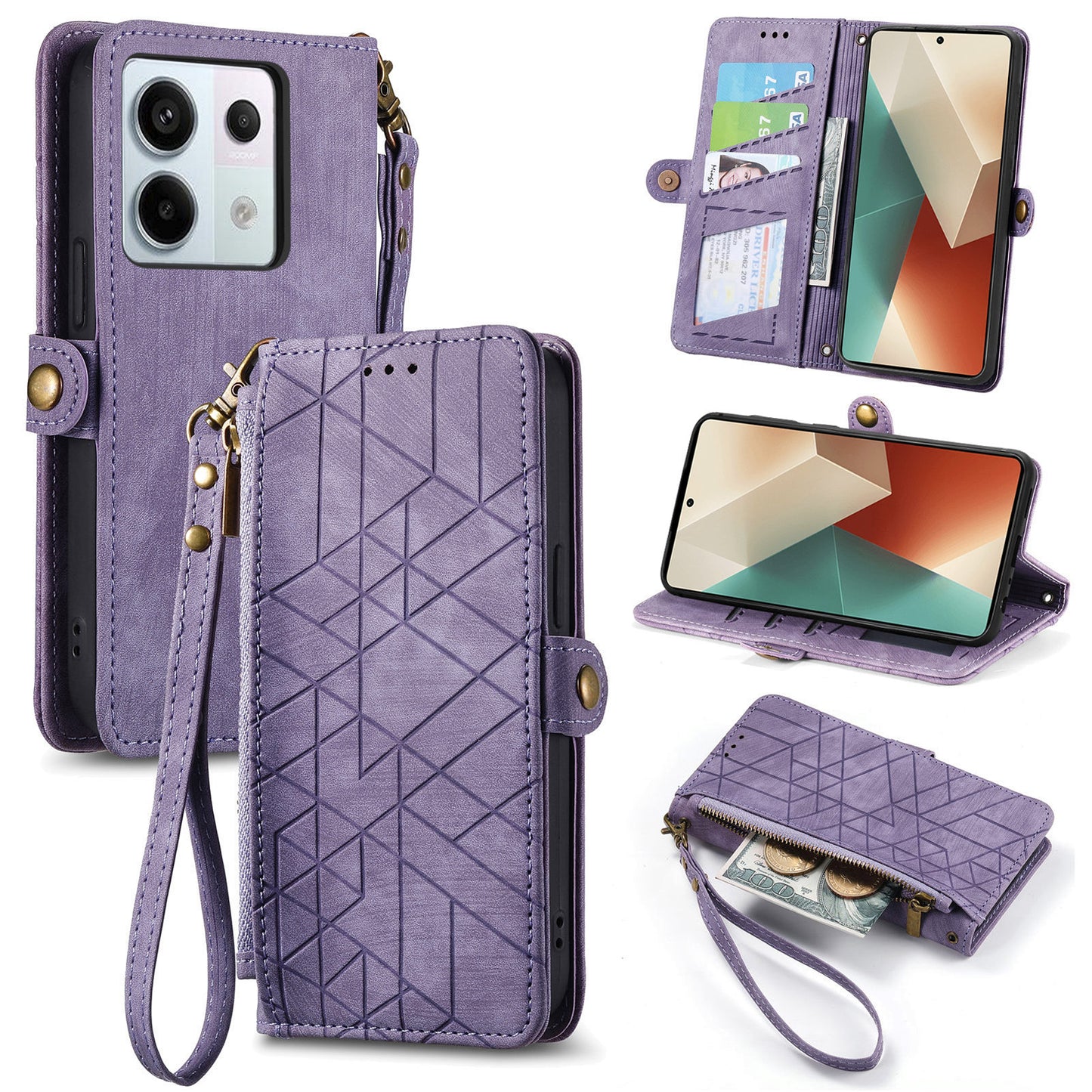 For Xiaomi Redmi Note 13 Pro 5G / Poco X6 5G Case Geometry Pattern PU Leather Phone Wallet Stand Cover - Purple