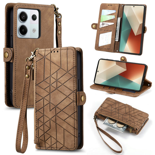 For Xiaomi Redmi Note 13 Pro 5G / Poco X6 5G Case Geometry Pattern PU Leather Phone Wallet Stand Cover - Brown