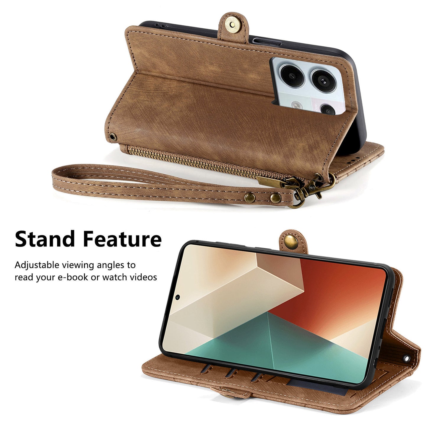 For Xiaomi Redmi Note 13 Pro 5G / Poco X6 5G Case Geometry Pattern PU Leather Phone Wallet Stand Cover - Brown