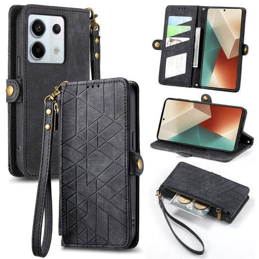 For Xiaomi Redmi Note 13 Pro 5G / Poco X6 5G Case Geometry Pattern PU Leather Phone Wallet Stand Cover - Black