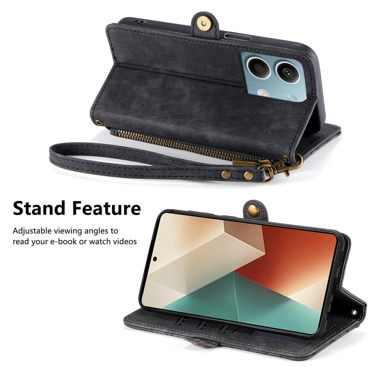 Wallet Case for Xiaomi Redmi Note 13 5G PU Leather Zipper Pocket Phone Cover Geometry Pattern - Black