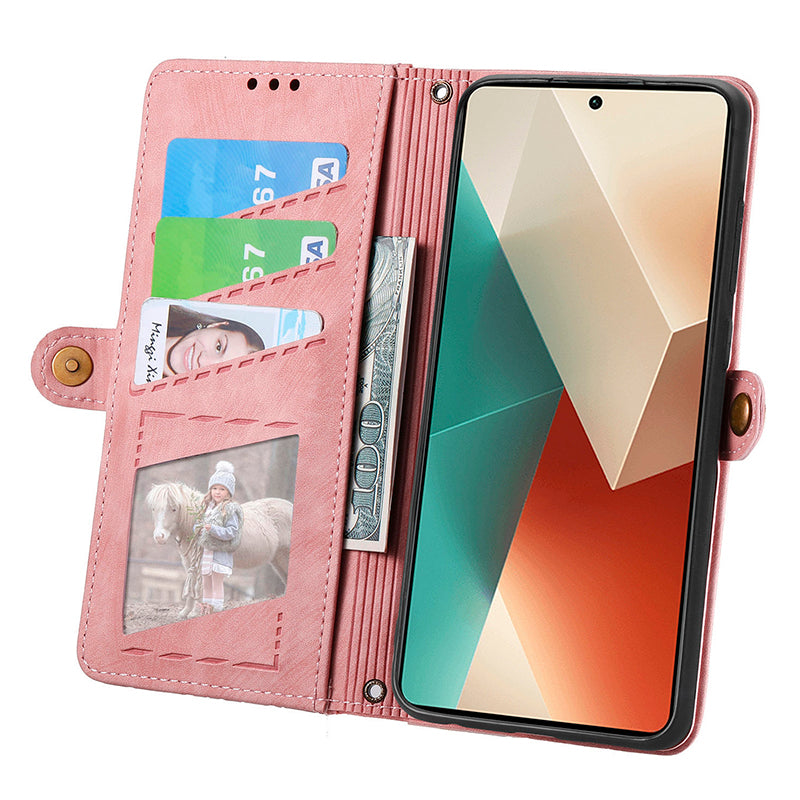 Wallet Case for Xiaomi Redmi Note 13 5G PU Leather Zipper Pocket Phone Cover Geometry Pattern - Pink