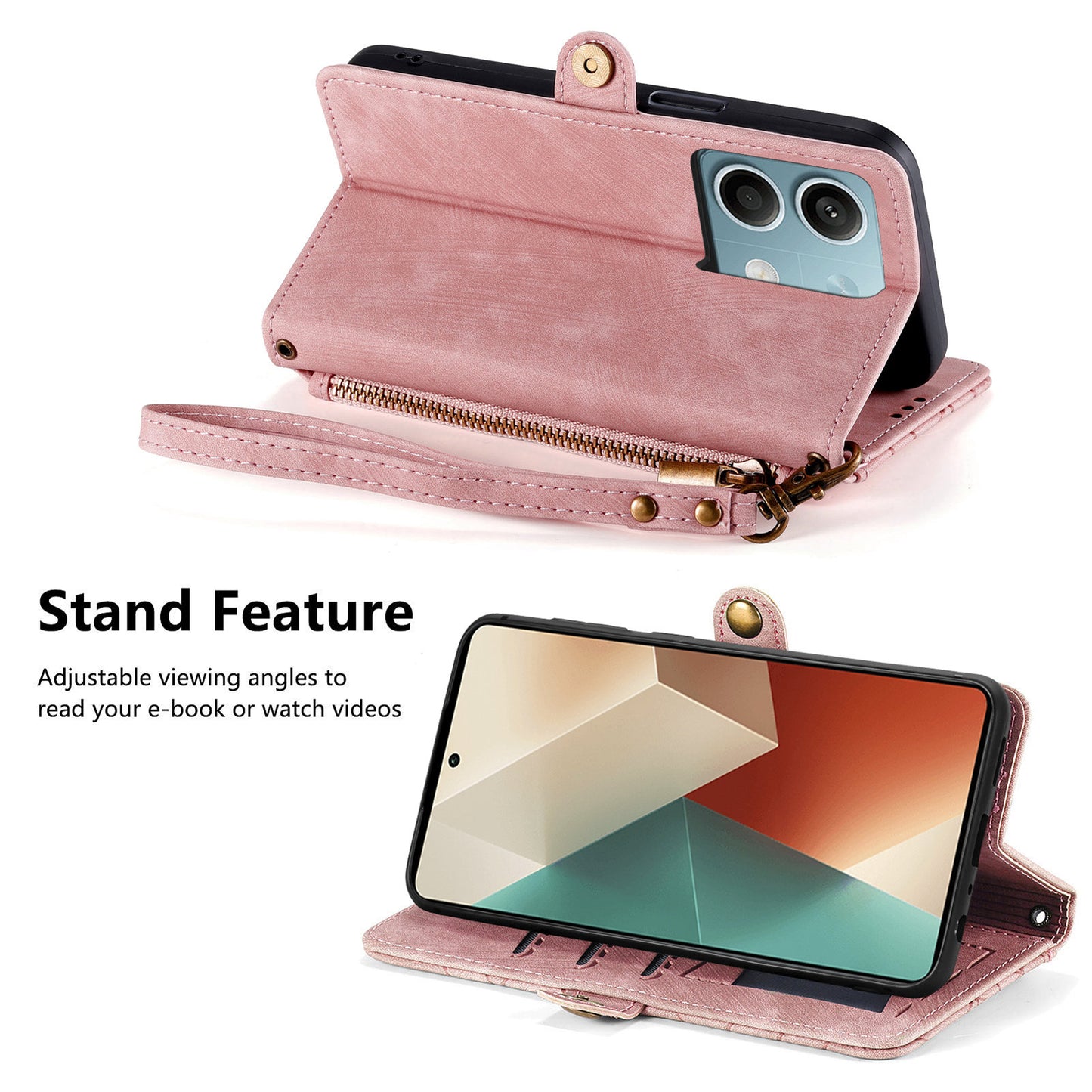 Wallet Case for Xiaomi Redmi Note 13 5G PU Leather Zipper Pocket Phone Cover Geometry Pattern - Pink