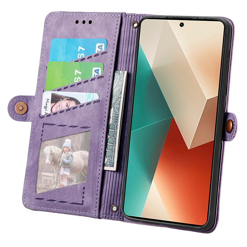 Wallet Case for Xiaomi Redmi Note 13 5G PU Leather Zipper Pocket Phone Cover Geometry Pattern - Purple