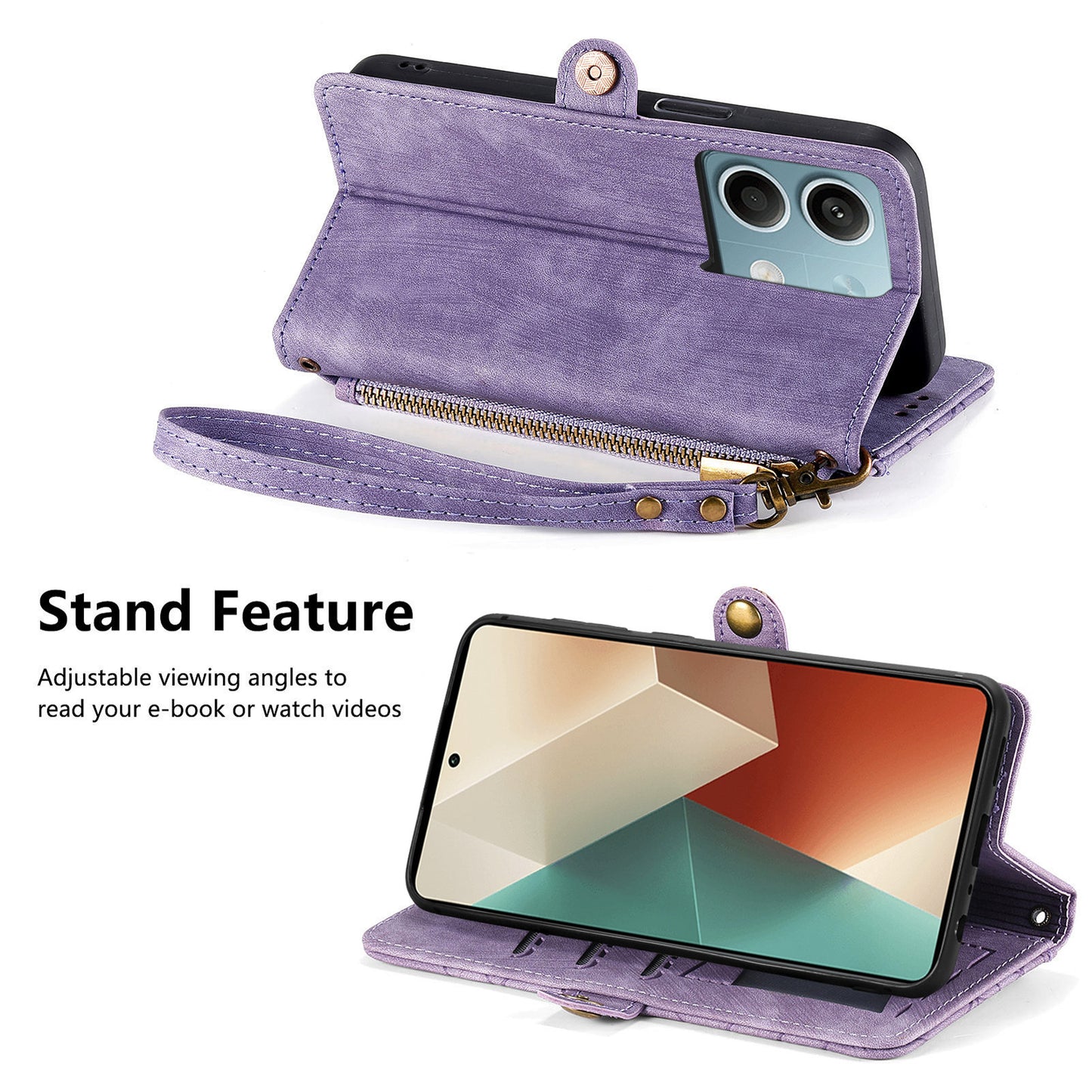 Wallet Case for Xiaomi Redmi Note 13 5G PU Leather Zipper Pocket Phone Cover Geometry Pattern - Purple