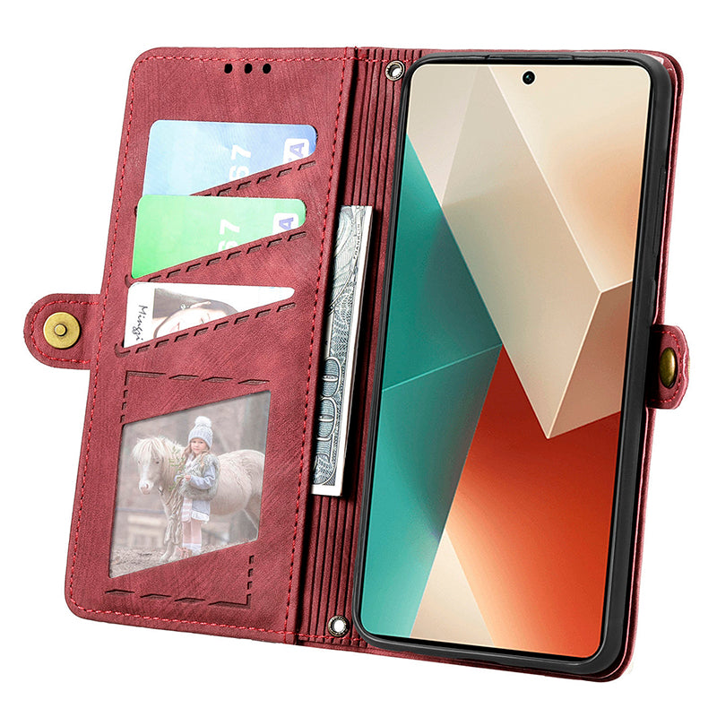 Wallet Case for Xiaomi Redmi Note 13 5G PU Leather Zipper Pocket Phone Cover Geometry Pattern - Red