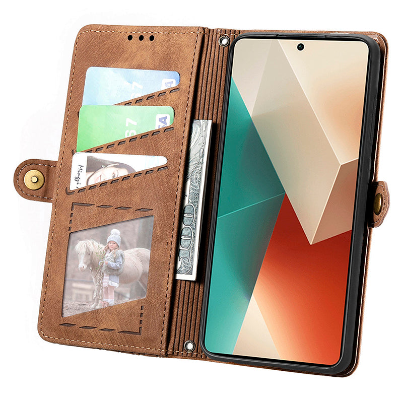 Wallet Case for Xiaomi Redmi Note 13 5G PU Leather Zipper Pocket Phone Cover Geometry Pattern - Brown