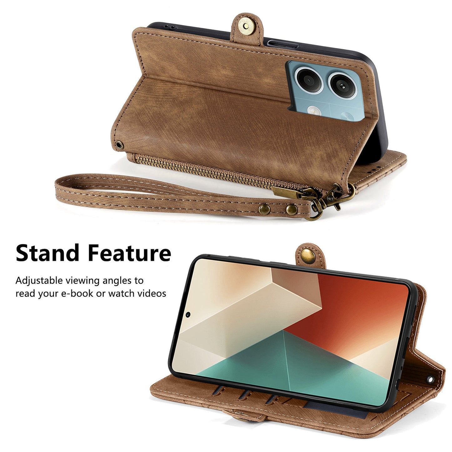 Wallet Case for Xiaomi Redmi Note 13 5G PU Leather Zipper Pocket Phone Cover Geometry Pattern - Brown