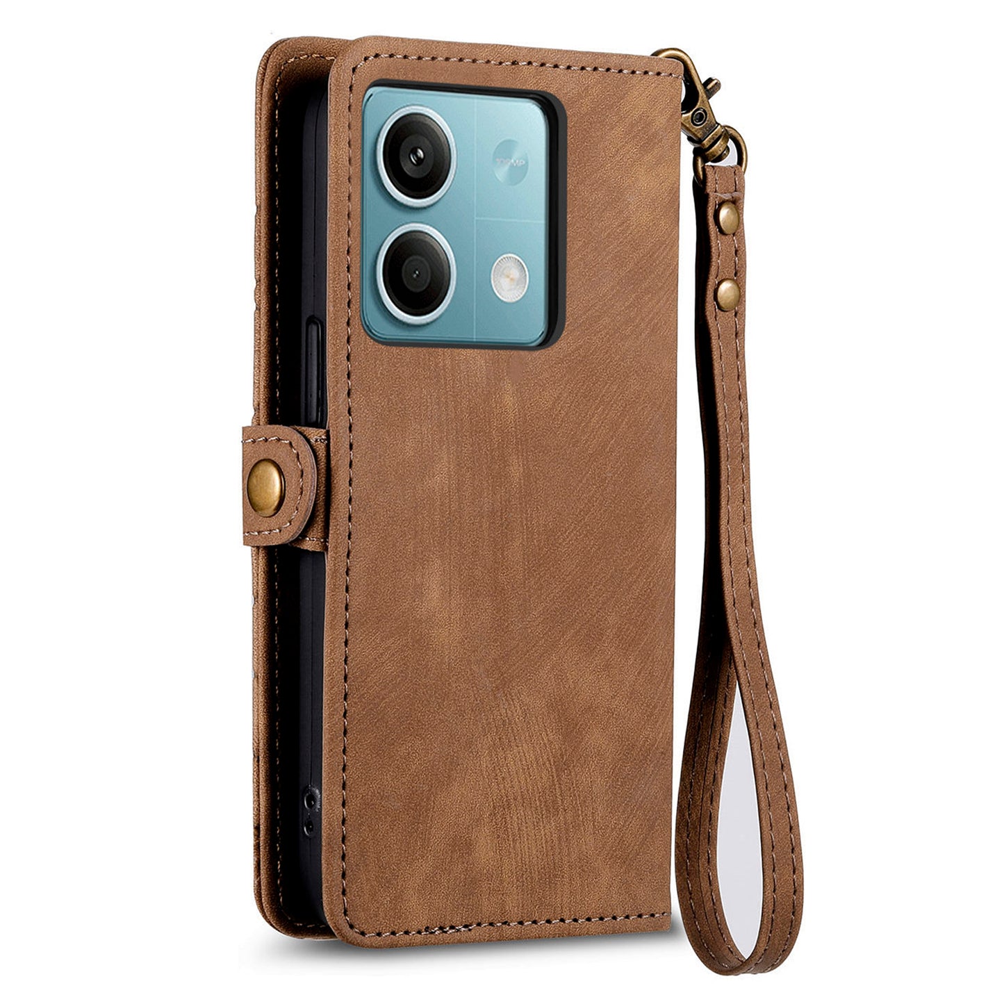 Wallet Case for Xiaomi Redmi Note 13 5G PU Leather Zipper Pocket Phone Cover Geometry Pattern - Brown