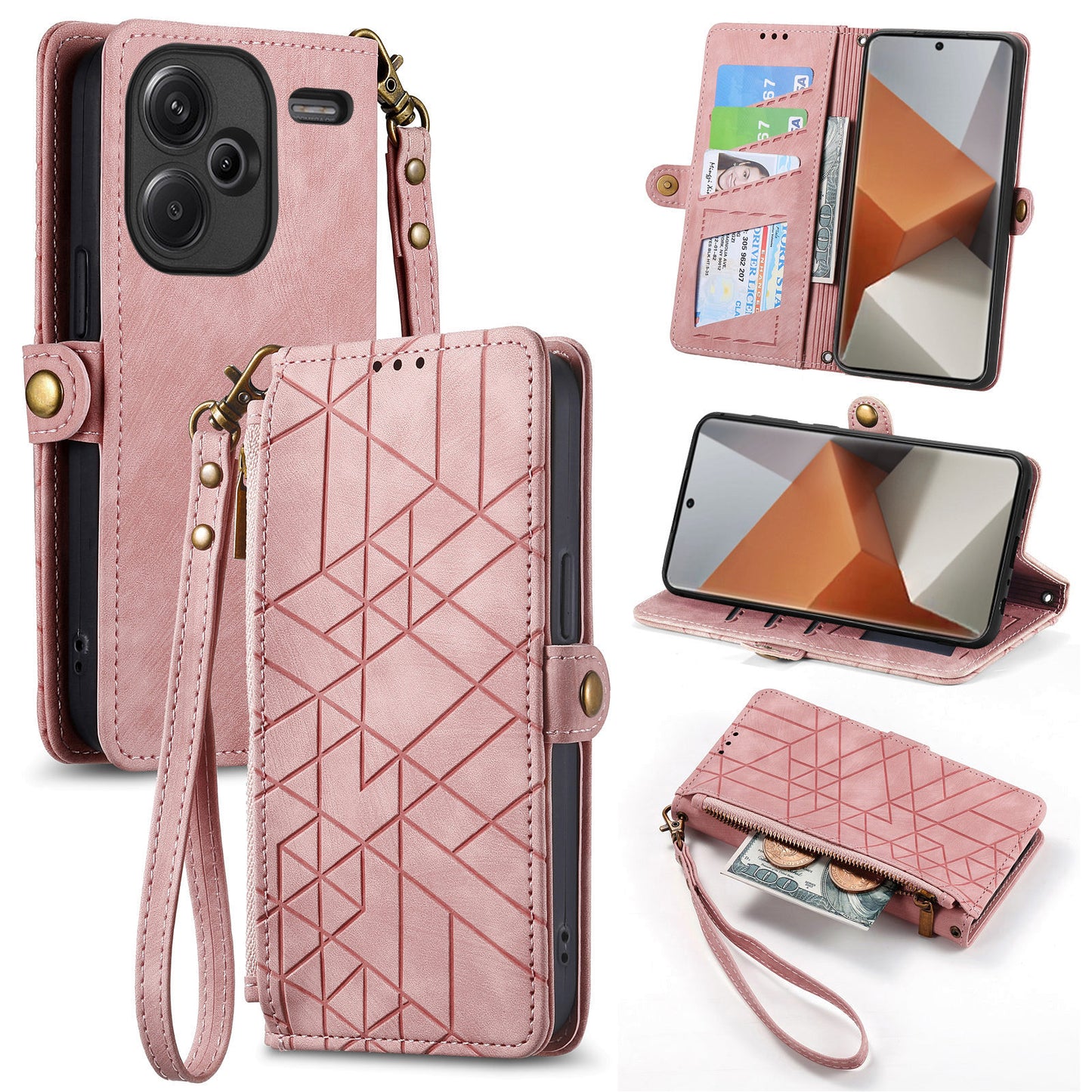 For Xiaomi Redmi Note 13 Pro+ 5G Cell Phone Case Imprinted Zipper Pocket Shockproof Cover with Stand - Pink