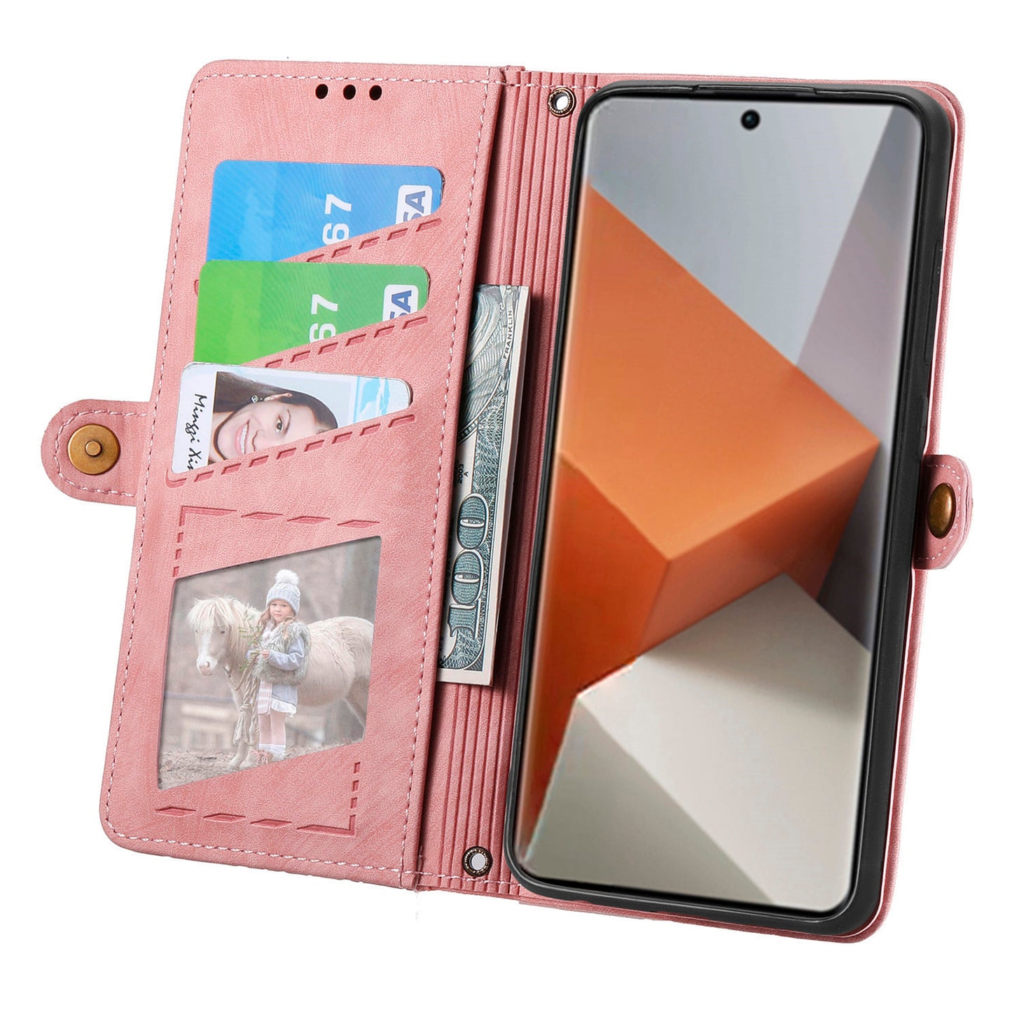 For Xiaomi Redmi Note 13 Pro+ 5G Cell Phone Case Imprinted Zipper Pocket Shockproof Cover with Stand - Pink