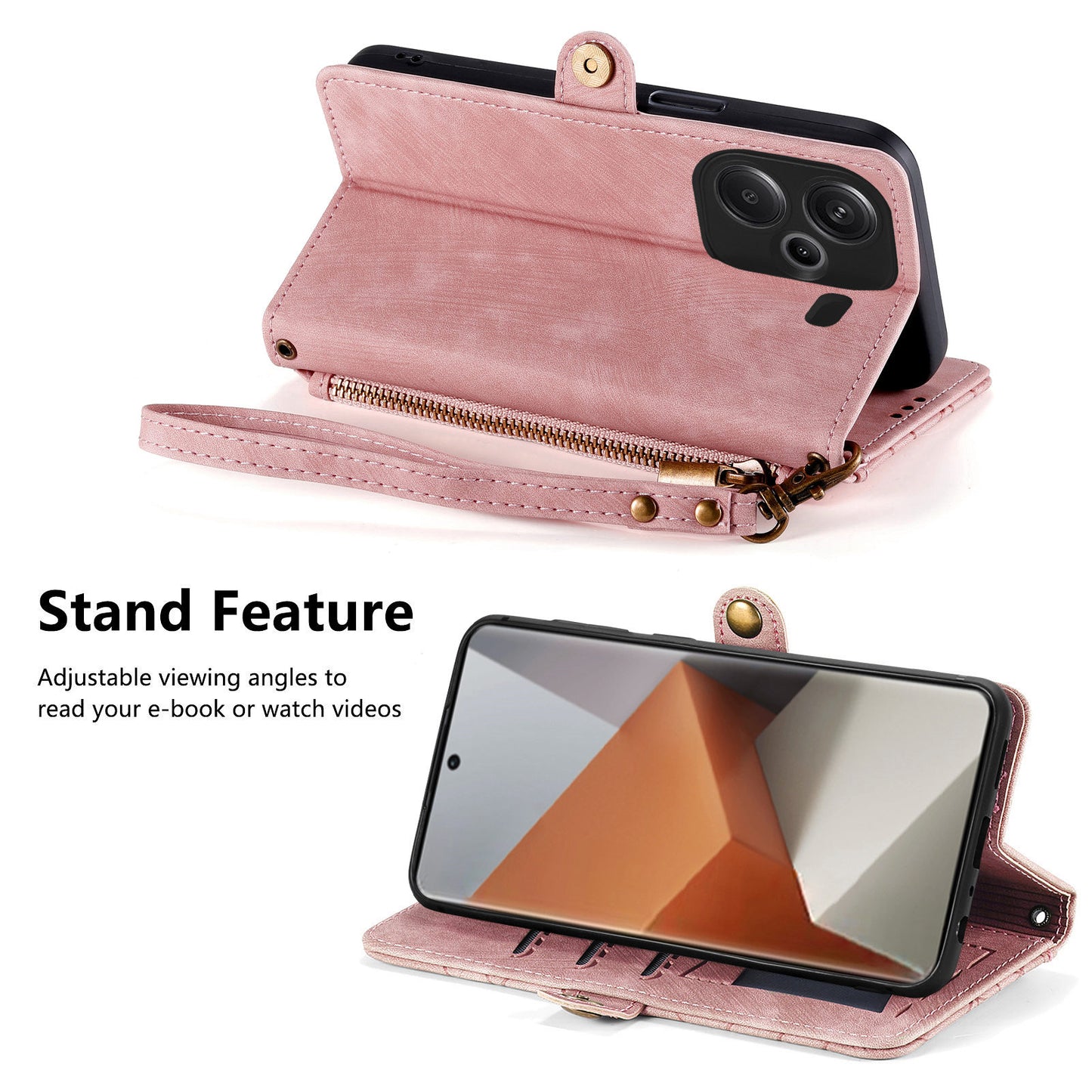 For Xiaomi Redmi Note 13 Pro+ 5G Cell Phone Case Imprinted Zipper Pocket Shockproof Cover with Stand - Pink