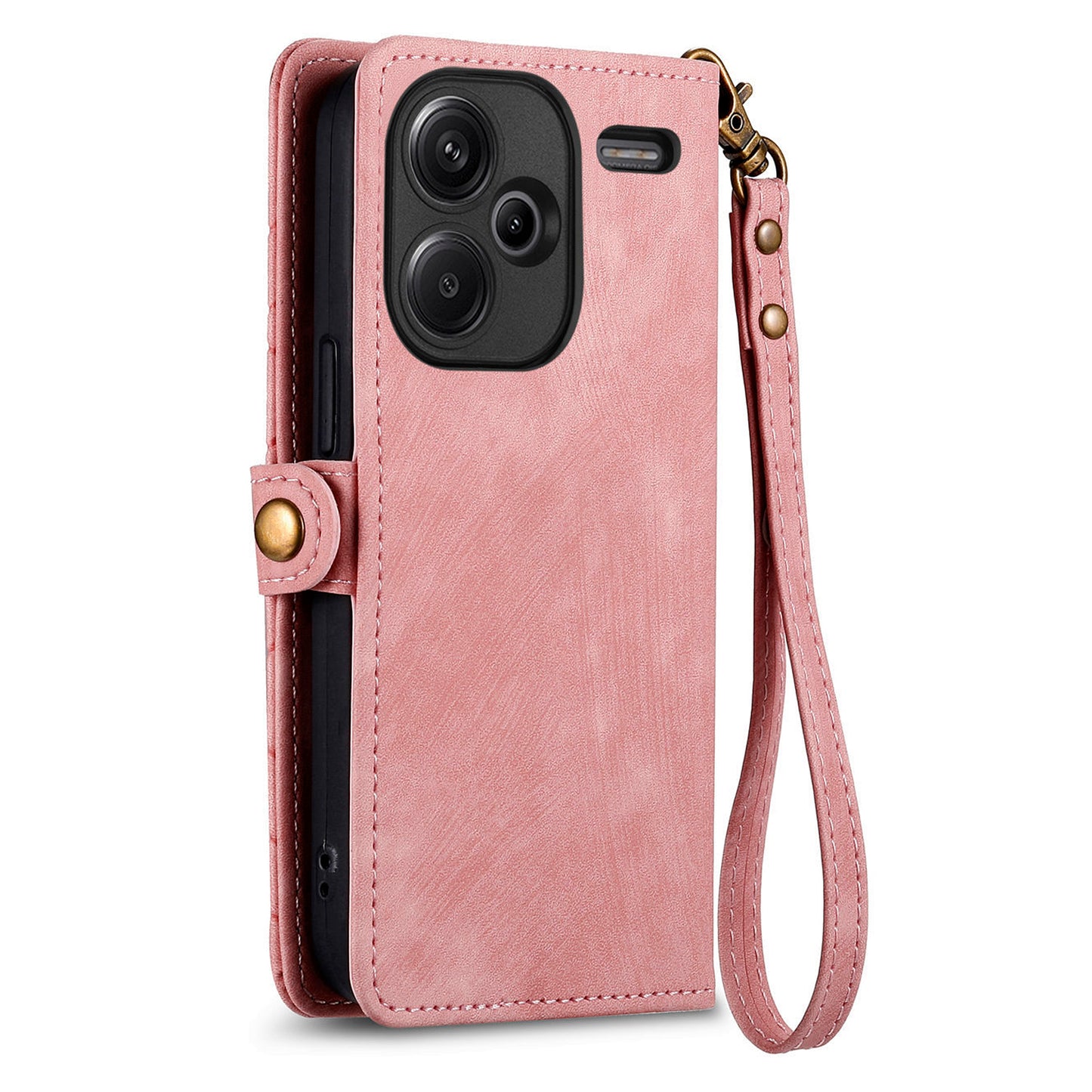 For Xiaomi Redmi Note 13 Pro+ 5G Cell Phone Case Imprinted Zipper Pocket Shockproof Cover with Stand - Pink