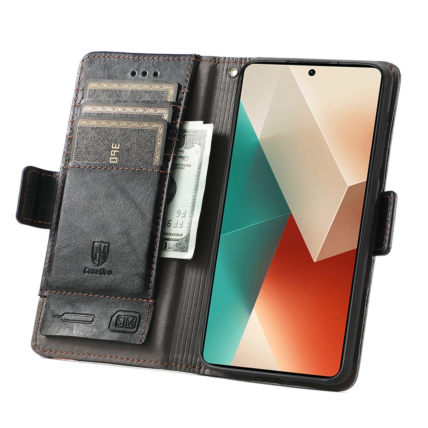 CASENEO 002 Series For Xiaomi Redmi Note 13 5G PU Leather Case with RFID Blocking Flip Wallet Phone Cover - Black