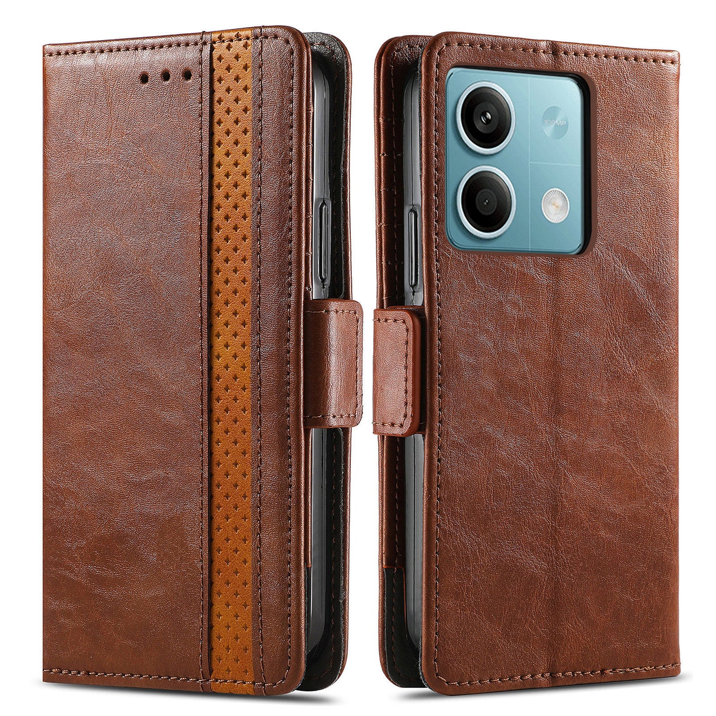 CASENEO 002 Series For Xiaomi Redmi Note 13 5G PU Leather Case with RFID Blocking Flip Wallet Phone Cover - Dark Brown