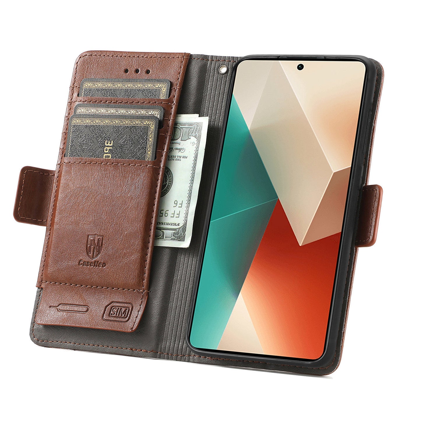 CASENEO 002 Series For Xiaomi Redmi Note 13 5G PU Leather Case with RFID Blocking Flip Wallet Phone Cover - Dark Brown